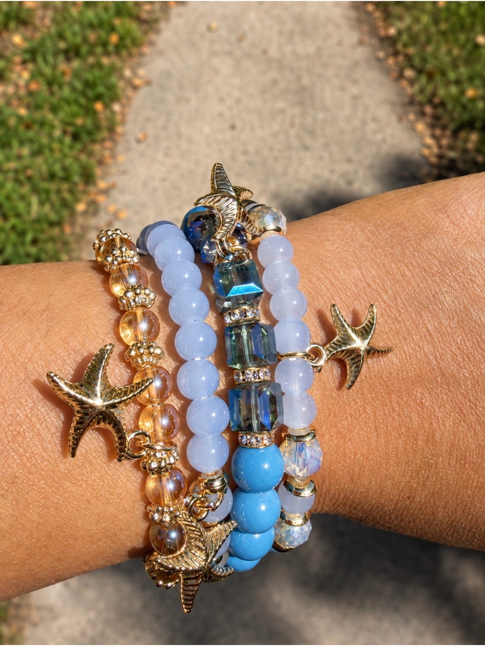 Beach Starfish Charm Bracelet Stack in Blue and Gold